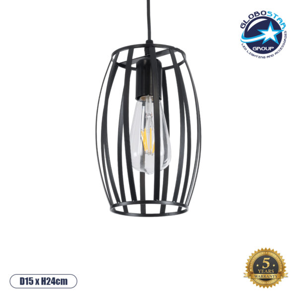 GloboStar® ZEBRA 01062 Vintage Κρεμαστό Φωτιστικό Πλέγμα Μονόφωτο 1 x E27 IP20 Μαύρο Μέταλλο - Μ15 x Π15 x Y24cm