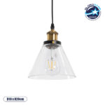 GloboStar® WICKHAM 01169 Vintage Κρεμαστό Φωτιστικό Καμπάνα Μονόφωτο 1 x E27 IP20 Διάφανο Γυαλί με Μαύρο & Χρυσό Μέταλλο - Μ18 x Π18 x Y20cm