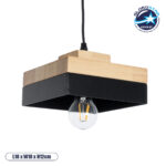 GloboStar® RUHIEL 01234 Μοντέρνο Κρεμαστό Φωτιστικό Καμπάνα Μονόφωτο 1 x E27 IP20 Μαύρο Μέταλλο με Μπεζ Ξύλο - Μ18 x Π18 x Υ12cm