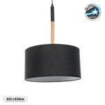 GloboStar® BRONX 01517 Μοντέρνο Κρεμαστό Φωτιστικό Καπέλο Μονόφωτο 1 x E27 IP20 Μαύρο Ύφασμα με Μπεζ Ξύλο - Μ35 x Π35 x Υ50cm