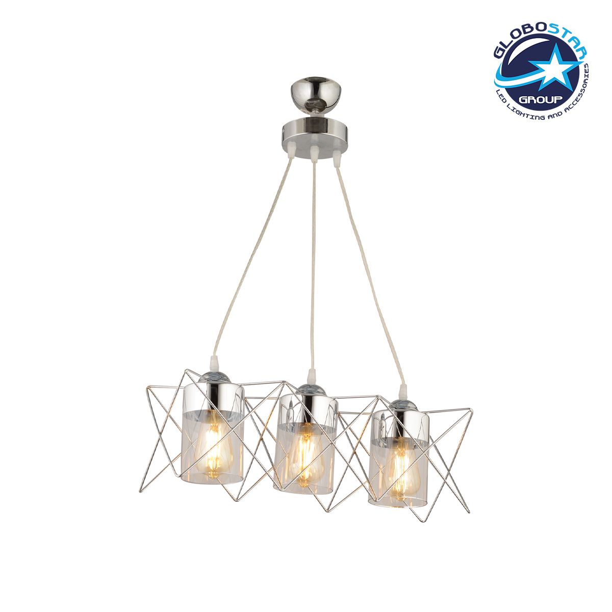 202_0039_1 GloboStar® PLEX 202-0039 Μοντέρνο Κρεμαστό Φωτιστικό Πλέγμα Τρίφωτο 3 x E27 IP20 Ασημί Μέταλλο με Διάφανο Γυαλί - Μ55 x Π20 x Υ70cm - Image 1