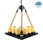GloboStar® DOME 10001021 Vintage Κρεμαστό Φωτιστικό Ανάρτηση Πολύφωτο 9 x E27 Μαύρο Μέταλλο, Μπεζ Σχοινί με Μπεζ Όνυχα - Μ68 x Π60 x Υ50cm