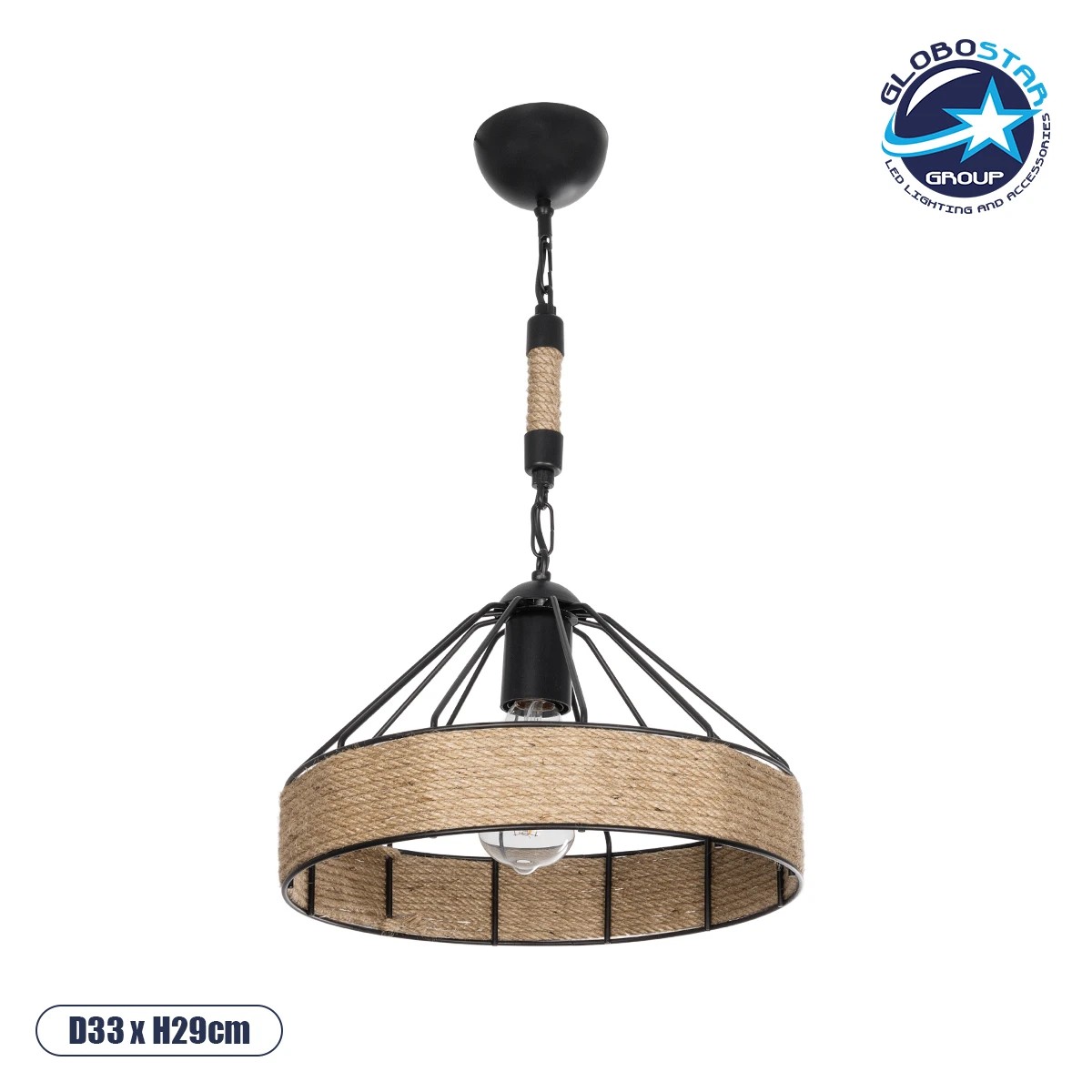 203_0003_1 GloboStar® ZION 203-0003 Vintage Κρεμαστό Φωτιστικό Σχοινί Μονόφωτο 1 x E27 IP20 Μαύρο Μέταλλο με Μπεζ Σχοινί - Μ33 x Π33 x Υ29cm - Image 1