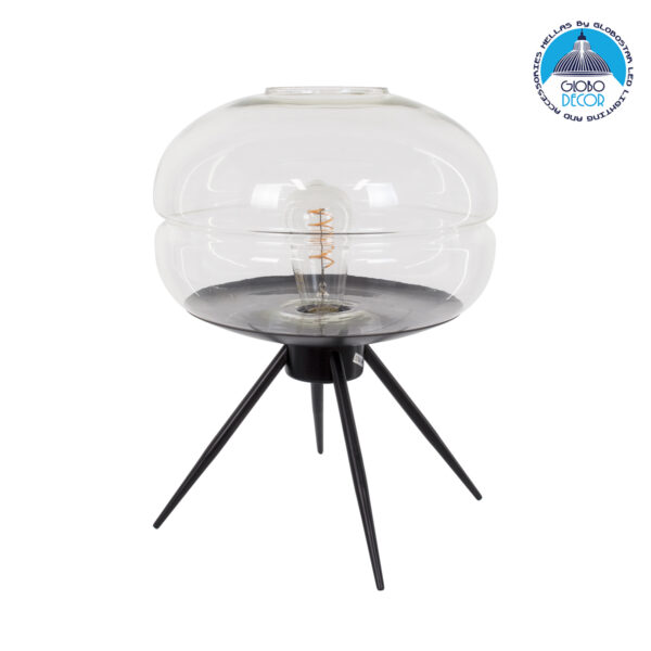 GloboStar® JAVAN 00736 Μοντέρνο Επιτραπέζιο Φωτιστικό Πορτατίφ Μονόφωτο 1 x E27 IP20 Διάφανο Γυαλί με Μαύρο Μέταλλο - Μ30 x Π30 x Υ19cm