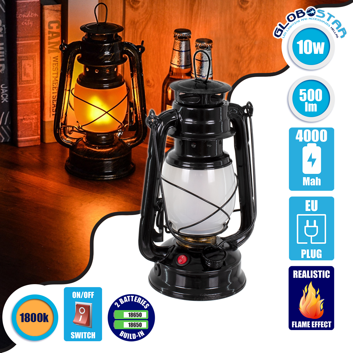 76546_001 GloboStar® 76546 Επιτραπέζιο Φωτιστικό Πορτατίφ LED 10W 500lm 360° με Μπαταρίες (Περιλαμβάνονται) IP20 Ultra Θερμό Λευκό 1800K Μαύρο Μέταλλο - Μ15 x Π11.5 x Υ23.5cm - 2 Xρόνια Εγγύηση - Image 1