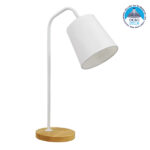 GloboStar® BARNABY 01574 Μοντέρνο Επιτραπέζιο Φωτιστικό Πορτατίφ Μονόφωτο 1 x E27 IP20 Λευκό Μέταλλο, Μπεζ Ξύλο με Λευκό Ύφασμα - Μ15 x Π33 x Υ48cm