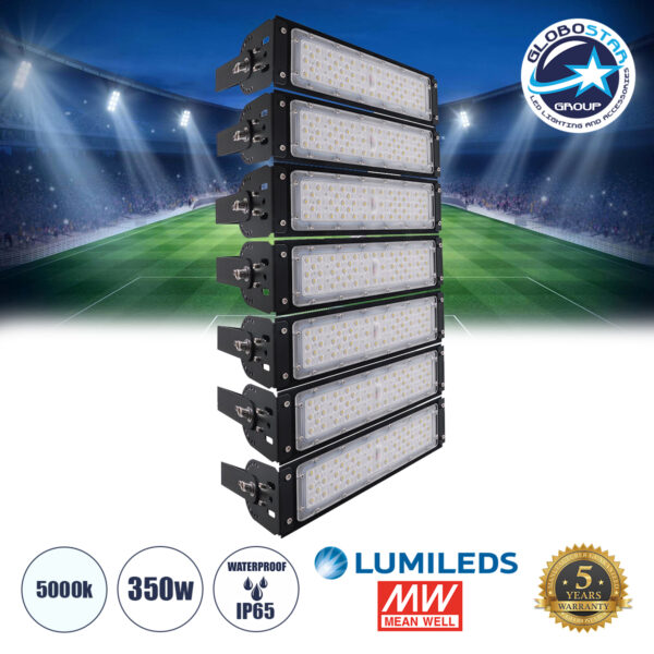 GLOBOSTAR® GOLIATH 90100-7 Προβολέας Γηπέδου LED 350W 56000lm SDCM<5 75°*135° Fish Eye Lens AC 100-277V Αδιάβροχο IP65 IK08 Ψυχρό Λευκό 5000K - LUMILEDs SMD Chip & MEANWELL Driver - Μαύρο Χυτό Αλουμίνιο - Μ32 x Π12 x Υ63cm - 5 Χρόνια Εγγύηση