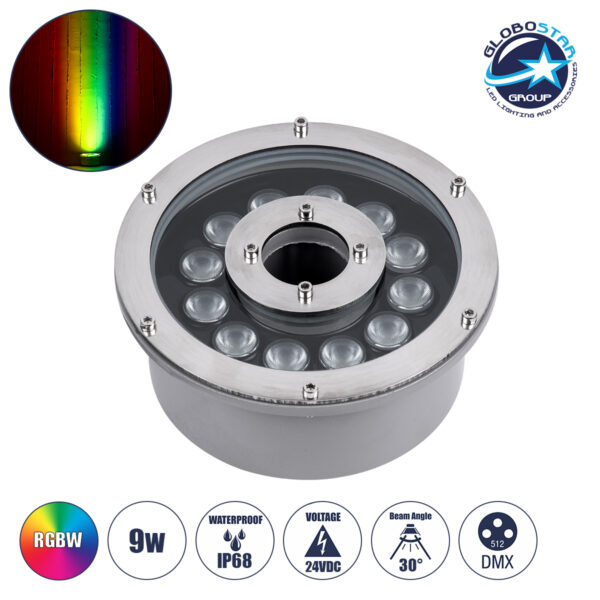 GLOBOSTAR® UNDERWATER-FINA 90675 Υποβρύχιος Προβολέας Σποτ για Σιντριβάνια/Πισίνες LED 9W 945lm 30° DC 24V Αδιάβροχο IP68 RGBW DMX512 Dimmable - Ανοξείδωτο Ατσάλι 304 - Φ16 x Υ8cm - 3 Χρόνια Εγγύηση