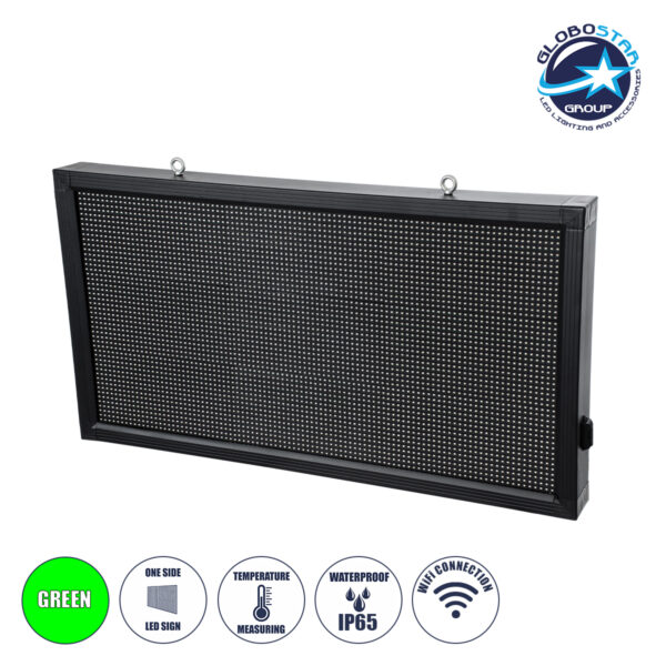 GLOBOSTAR®DISPLAY 90809 Κυλιόμενη Ψηφιακή Επιγραφή 96x48cm P10 Μονής Όψης LED AC 220-240V Αδιάβροχο IP65 Πράσινο - WiFi Control μέσω FK APP - Αισθητήρας Θερμοκρασίας & Υγρασίας - Μ104 x Π9 x Υ56cm - 2 Χρόνια Εγγύηση