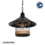 GloboStar® GLORA 201-0090 Vintage Κρεμαστό Φωτιστικό Καμπάνα Μονόφωτο 1 x E27 IP20 Μαύρο Μέταλλο με Μπεζ Σχοινί - Μ30 x Π30 x Υ29cm