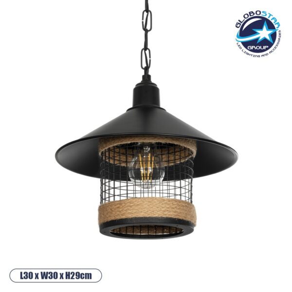 GloboStar® GLORA 201-0090 Vintage Κρεμαστό Φωτιστικό Καμπάνα Μονόφωτο 1 x E27 IP20 Μαύρο Μέταλλο με Μπεζ Σχοινί - Μ30 x Π30 x Υ29cm