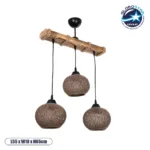 GloboStar® LUMA 201-0012 Vintage Κρεμαστό Φωτιστικό Ράγα Τρίφωτο 3 x E27 IP20 Μπεζ Ξύλο με Καφέ Σχοινί - Μ55 x Π18 x Υ65cm